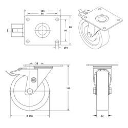 Lot de 4 roulettes pivotantes et pivotantes à frein caoutchouc noir 100 mm - 210 Kg