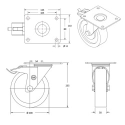 Lot de quatre roulettes pivotantes à frein et fixes caoutchouc noir 200 mm – 615kg