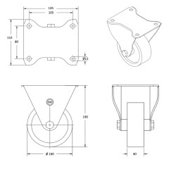 Lot de quatre roulettes pivotantes à frein et fixes caoutchouc noir 160 mm – 405kg