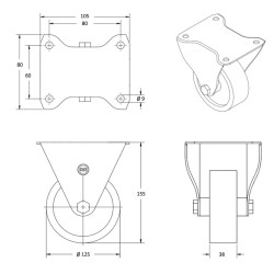 Lot de quatre roulettes pivotantes à frein et fixes caoutchouc noir 125 mm – 300kg