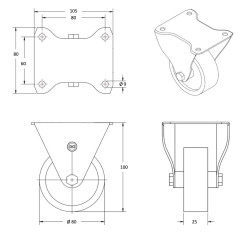 Lot de quatre roulettes pivotantes à frein et fixes caoutchouc noir 80 mm – 150kg