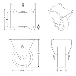 Lot de 4 roulettes pivotantes à frein et fixes caoutchouc noir 250mm  - 885 Kg