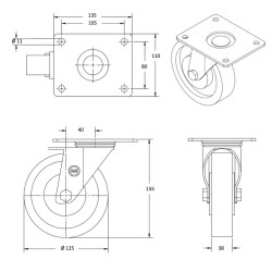 Roulette pivotante, diamètre 125 fixation à platine ,caoutchouc noir, charge 100 Kg