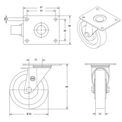 lot de 4 roulettes pivotantes caoutchouc noir 50 mm - 120Kg