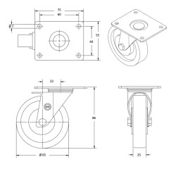 lot de quatre roulettes pivotantes caoutchouc noir 65mm - 150Kg