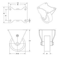 Lot de 4 roulettes pivotantes à frein et fixe caoutchouc EASYROLL® BLEU 100 mm charge - 420 Kg