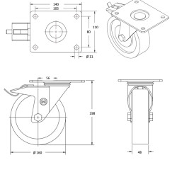 Lot roulettes pivotantes et pivotantes à frein caoutchouc EASYROLL® BLEU 160 mm charge - 900 Kg