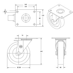 Lot roulettes pivotantes et pivotantes à frein caoutchouc EASYROLL® BLEU 200 mm charge - 1050 Kg