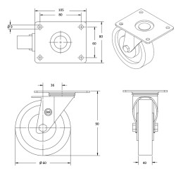 Roulette pivotante diamètre 60 mm caoutchouc EASYROLL® NOIR roulement à billes - 100 Kg