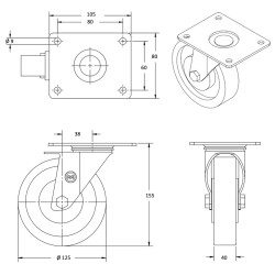 Roulette pivotante diamètre 125 mm caoutchouc EASYROLL® NOIR roulement à billes - 200 Kg