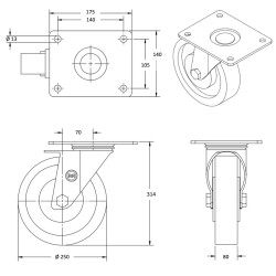 Roulette pivotante diamètre 250 mm caoutchouc EASYROLL® NOIR MAX - 1000 Kg