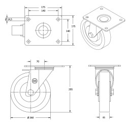 Lot roulettes pivotantes et fixes pneumatique 3.00-4 noir 260 mm - 600 Kg