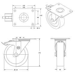 Roulette pivotante à frein, diamètre 125 fixation à platine, polyamide, charge 300 Kg