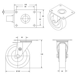 Lot roulettes pivotantes et pivotantes à frein polyamide blanc 100 mm - 600 Kg