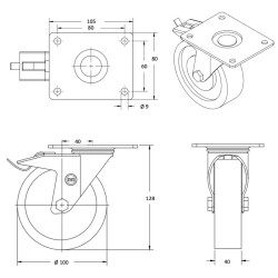 Lot roulettes pivotantes et pivotantes à frein polyamide blanc 100 mm - 600 Kg