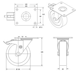 Roulette pivotante à frein, diamètre 150 fixation à platine, polyamide, charge 350 Kg