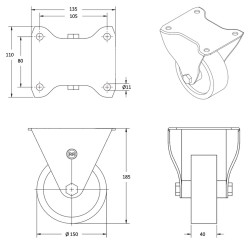 Lot roulettes pivotantes et fixes polyamide blanc 150 mm - 1050 Kg