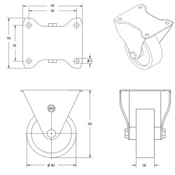 Roulette polyuréthane rouge fixe diamètre 40mm fixation à platine