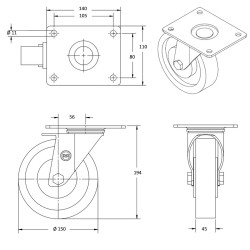 Roulette pivotante diamètre 150 mm roue polyuréthane rouge - 300 Kg