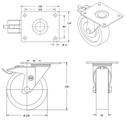 Roulette pivotante à frein diamètre 200 mm roue polyuréthane rouge - 300 Kg