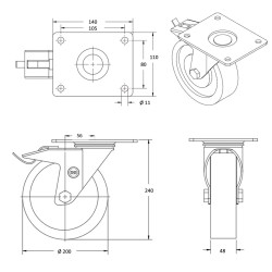 Lot de 4 roulettes pivotantes à frein et fixes polyuréthane rouge 200 mm - 900 Kg