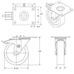 Lot de 4 roulettes pivotantes à frein et fixe polyuréthane rouge 150 mm - 900 Kg