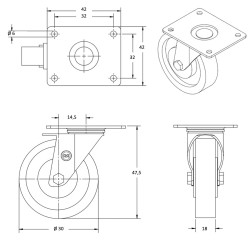 Lot de 4 roulettes pivotantes et fixe polyuréthane rouge diamètre 30 mm - 90 Kg