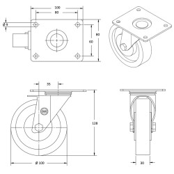 Lot de 4 roulettes pivotantes et fixes polyuréthane rouge 100 mm - 510 Kg