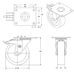 Roulette pivotante à frein, roue diamètre 160 fixation à platine ,polyuréthane , charge 500 Kg