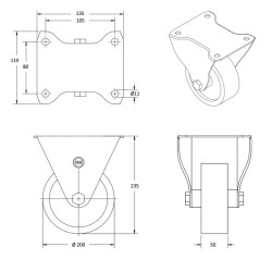 Roulette fixe, roue diamètre 200 fixation à platine ,polyuréthane , charge 350 Kg