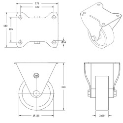 Roulette fixe jumelée diamètre 125 polyuréthane FORTHANE® marron jante fonte - 1100Kg