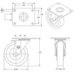 Roulette pivotante jumelée diamètre 150 polyuréthane FORTHANE® marron jante fonte - 1500Kg