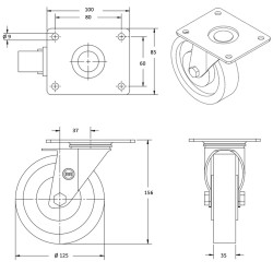 Lot de 4 roulettes INOX pivotantes et pivotantes à frein plastique blanc 125 mm - 900 Kg