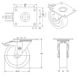 Roulette pivotante à frein diamètre 125 mm roue polyuréthane rouge - 220 Kg