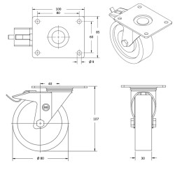 Lot de 4 roulettes pivotantes à frein et fixes polyuréthane rouge  80 mm - 360 Kg