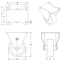 Lot de 4 roulettes pivotantes à frein et fixes polyuréthane rouge  100 mm - 510 Kg