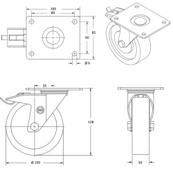 Lot de 4 roulettes pivotantes à frein et fixes polyuréthane rouge  100 mm - 510 Kg