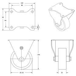 Roulette fixe diamètre 125 mm roue polyuréthane BLEU-SOFT® - 180 Kg