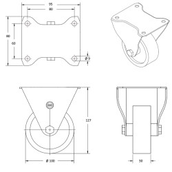 Lot de 4 roulettes INOX pivotantes à frein et fixes caoutchouc non tachant 100 mm - 210Kg