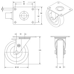 Lot de 4 roulettes INOX pivotantes et pivotantes à frein caoutchouc non tachant 125 mm - 300Kg