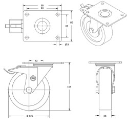 Lot de 4 roulettes INOX pivotantes et pivotantes à frein caoutchouc non tachant 125 mm - 300Kg