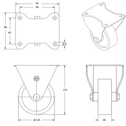 Lot de 4 roulettes INOX pivotantes à frein et fixes caoutchouc non tachant 125 mm - 300Kg