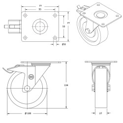 Roulette pivotante à frein diamètre 100 fixation platine ,caoutchouc gris , charge 70 Kg