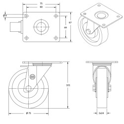 Roulette jumelée pivotante diamètre 75 mm polypropylène noir- 80 Kg