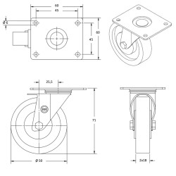 Roulette jumelée pivotante diamètre 50 mm polyuréthane rouge - 140 Kg