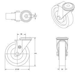 Lot de 4 roulettes à oeil pivotantes caoutchouc élastique bleu 100 mm charge 540 Kg