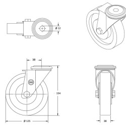 Lot de 4 roulettes à oeil pivotantes caoutchouc élastique bleu 125 mm  charge 750 Kg