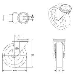 Roulette à oeil INOX pivotante diamètre 100 mm roue polyuréthane rouge  roulement à billes - 200 Kg