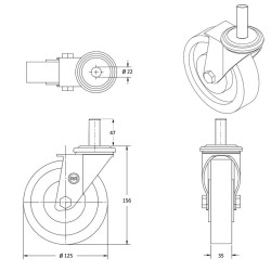 Roulette pivotante diamètre 125 mm polyuréthane rouge tige lisse 22 x 47 mm