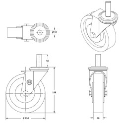 Roulette pivotante diamètre 150 mm polyamide blanc tige lisse 26 x 56 mm